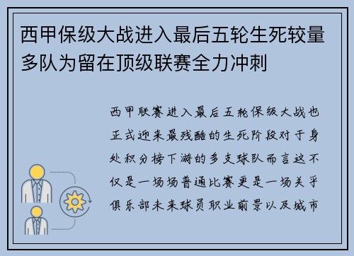 西甲保级大战进入最后五轮生死较量多队为留在顶级联赛全力冲刺